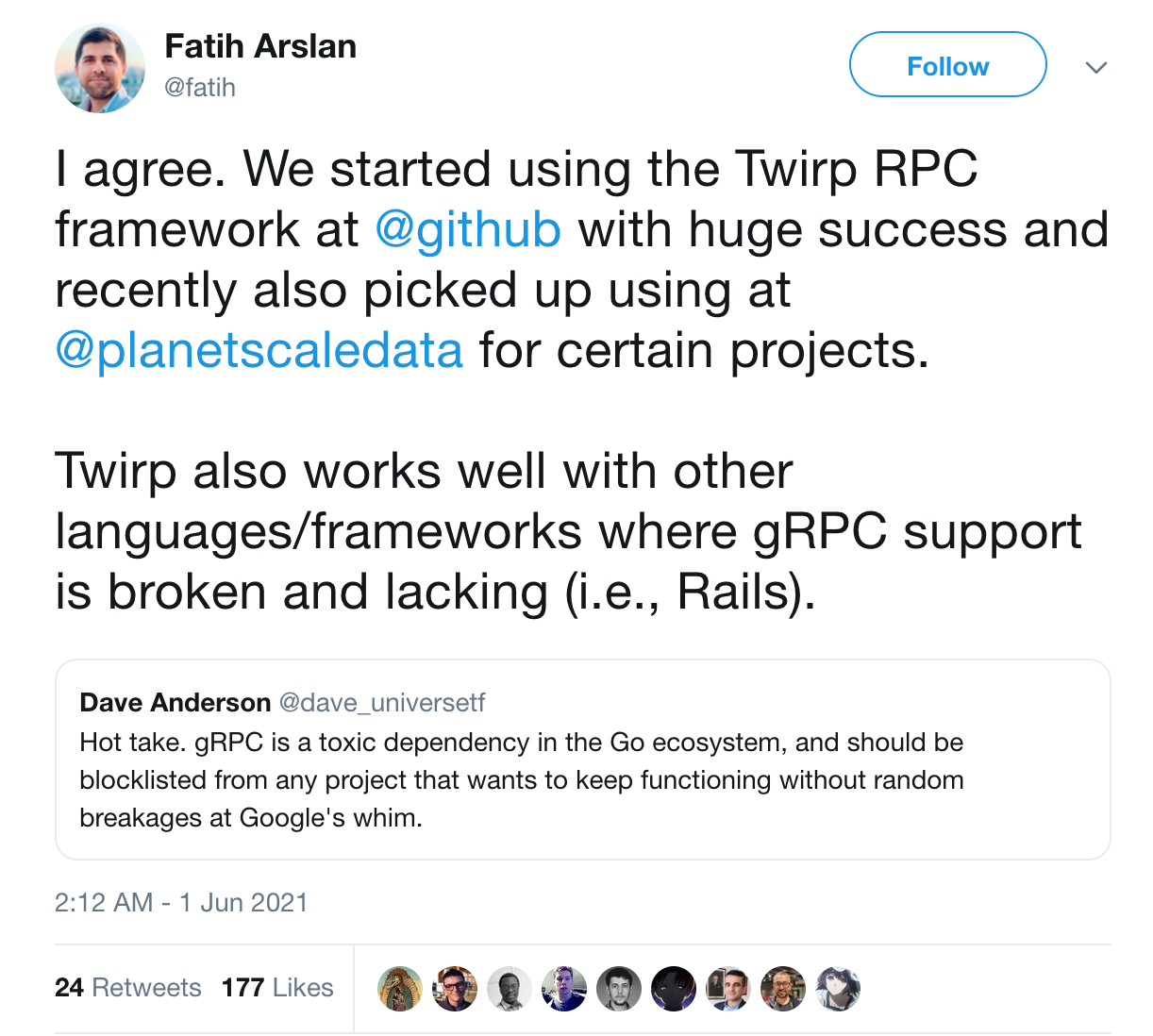 Fatih Arslan showing the success that GitHub had with Twirp!
